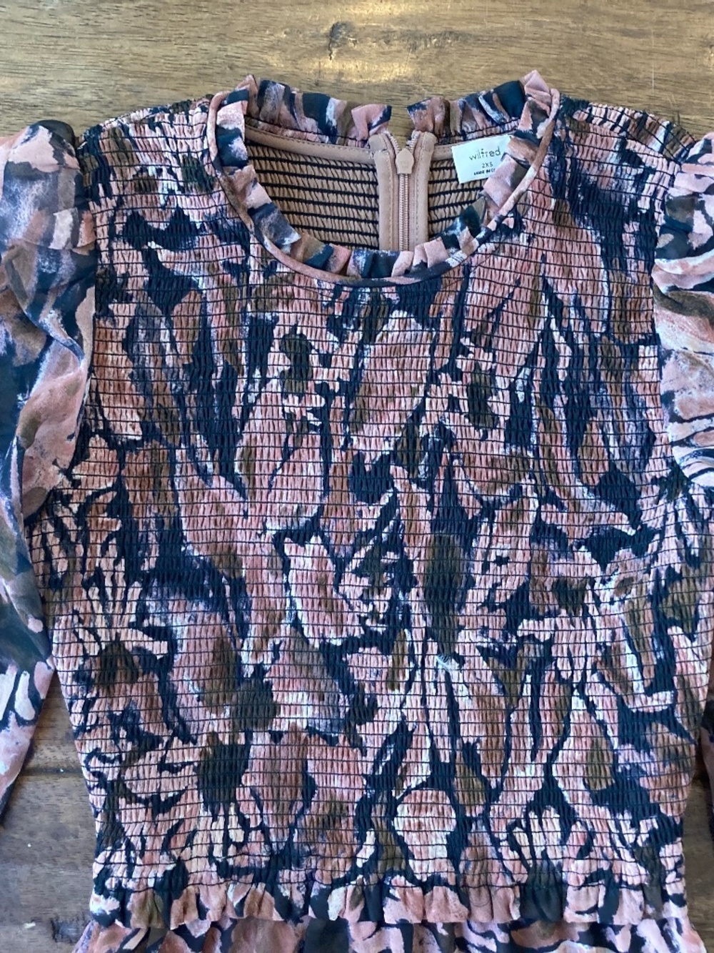 Aritzia Wilfred Rosalyn Brown Long Sleeve Mesh Smocked Tiered Midi Dress 2XSmall - Picture 2 of 8